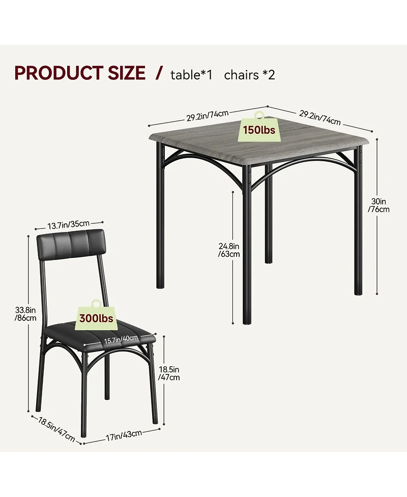 gaomon Dining Table Set, Kitchen Table and Chairs for 2, with 2 Upholstered Chairs, 3 Piece Dining Table Set,Rustic Grey