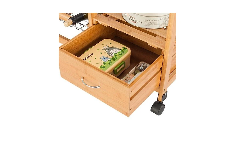 Slickblue Moveable Kitchen Cart with Stainless Steel Table Top, Three Drawers, and Three Baskets in Burlywood for Versatile Storage and Convenience