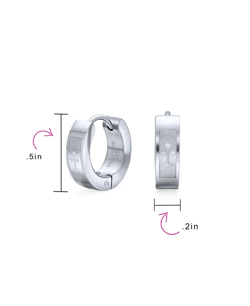 Bling Jewelry Laser Fleur de Lis Cross Hoop Earrings Silver Tone Stainless Steel