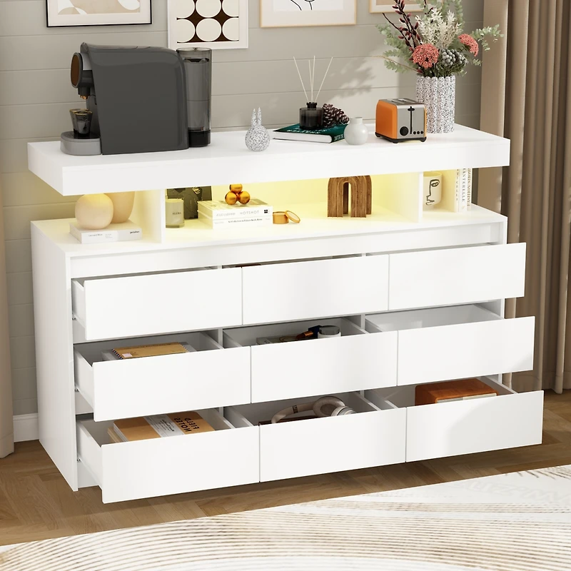 Homsee White Dresser with 9 Handleless Drawers & Led Light, Chest of Drawers with Charging Station