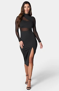 Bebe Women's Mesh Inset Long Sleeve Midi Dress
