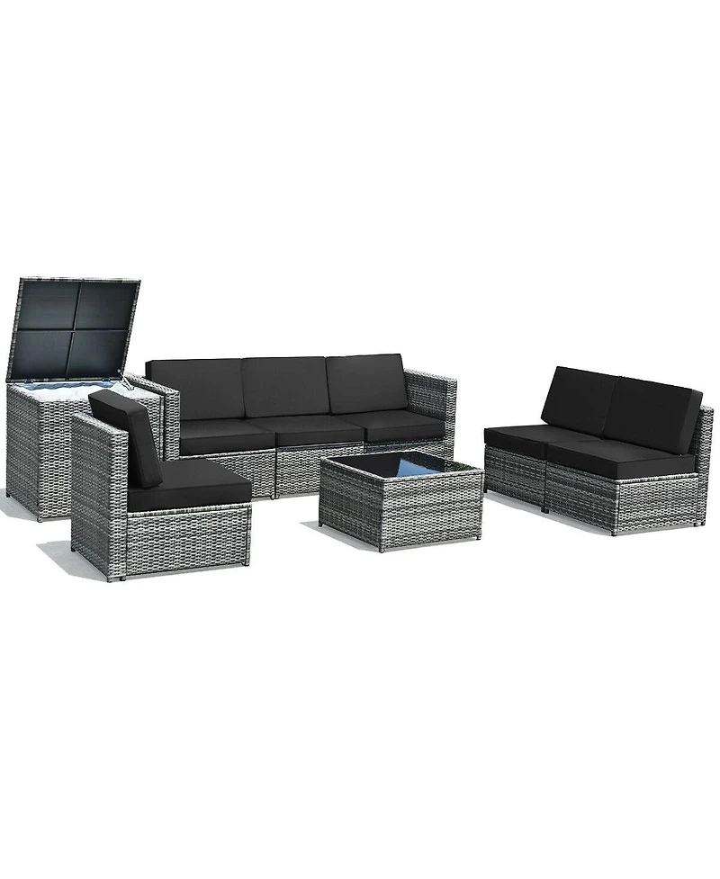 Sugift 8 Piece Wicker Sofa Rattan Dinning Set Patio Furniture with Storage Table-Black