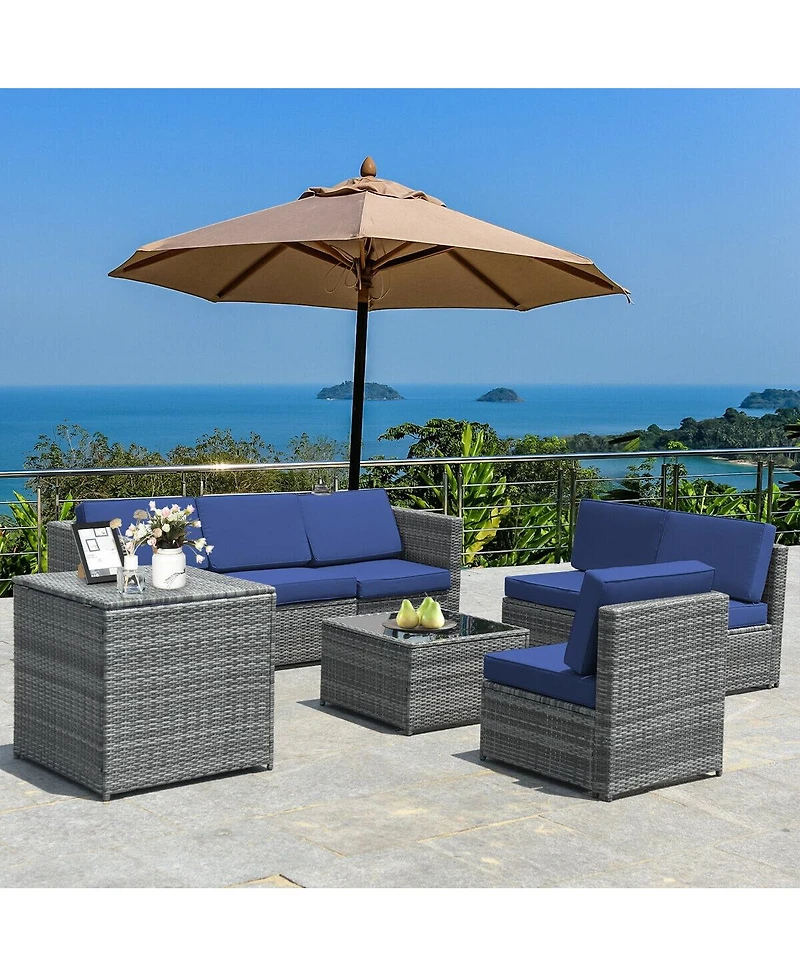 Sugift 8 Piece Wicker Sofa Rattan Dinning Set Patio Furniture with Storage Table-Navy