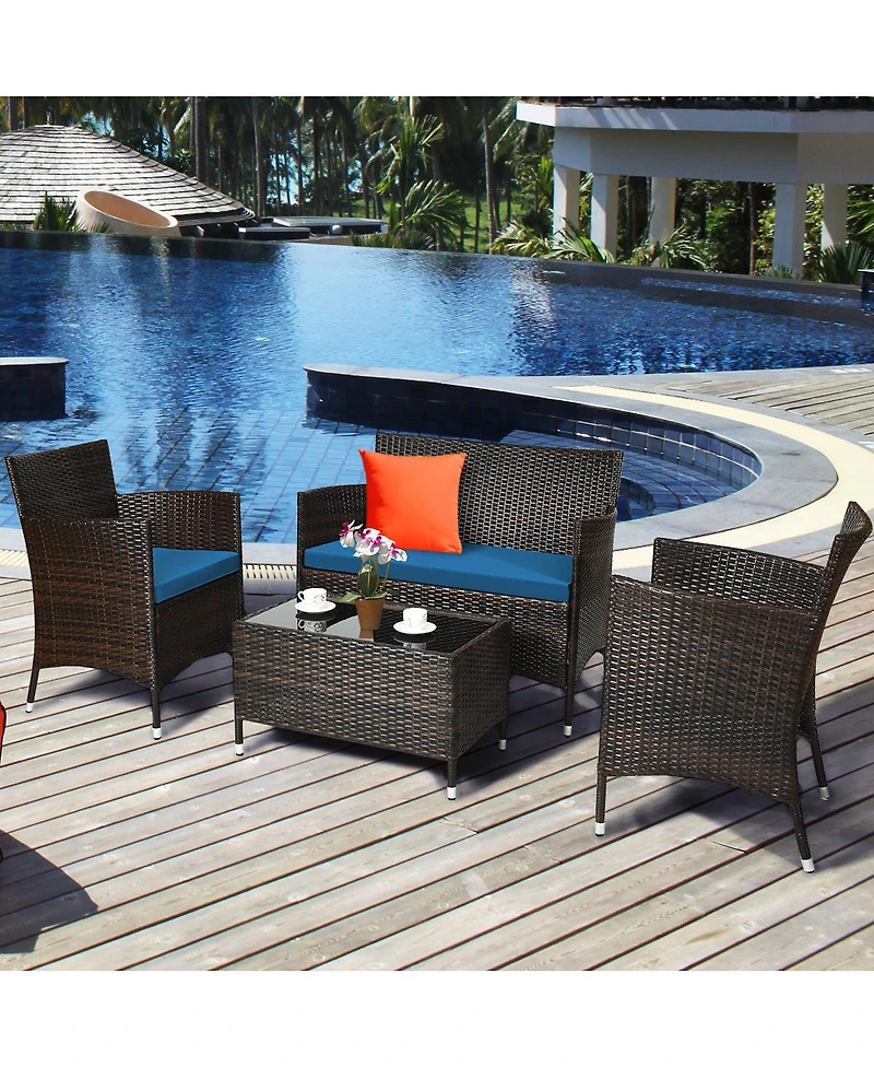 Sugift 4 Pieces Comfortable Outdoor Rattan Sofa Set with Glass Coffee Table-Peacock Blue