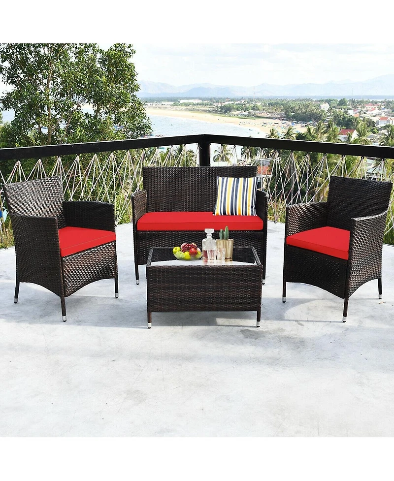 Sugift 4 Pieces Comfortable Rattan Outdoor Conversation Furniture Set with Glass Table