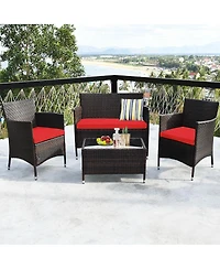 Sugift 4 Pieces Comfortable Rattan Outdoor Conversation Furniture Set with Glass Table