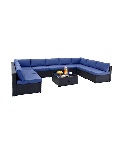 Sugift 10 Piece Outdoor Wicker Conversation Set with Seat and Back Cushions-Navy