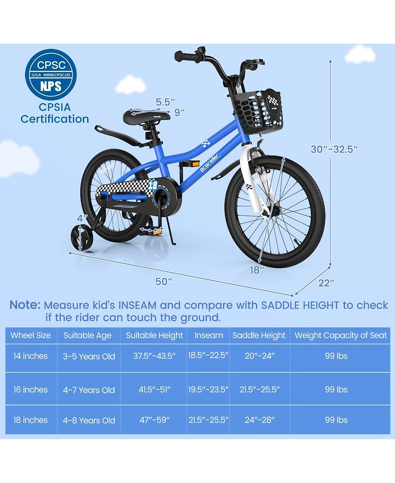 Sugift 18 Feet Kids Bike with Removable Training Wheels-Navy