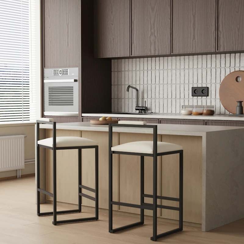 Streamdale Furniture Set of 2 Barstools Faux Leather Upholstered Bar Stools Modern Metal Frame Dining Chairs for Counter, Kitchen Island (Beige