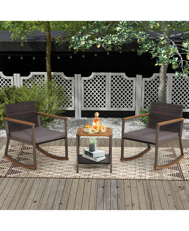 Sugift 3 Pieces Rattan Rocking Bistro Set with Coffee Table and Cushions-Gray
