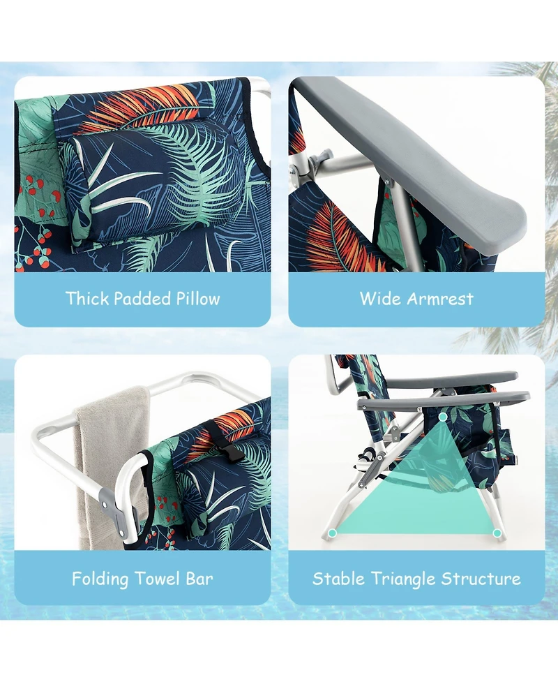 Sugift 2 Packs 5-Position Outdoor Folding Backpack Beach Table Chair Reclining Chair Set-Green