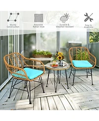 Sugift 3 Pieces Rattan Furniture Set with Cushioned Chair Table-Turquoise