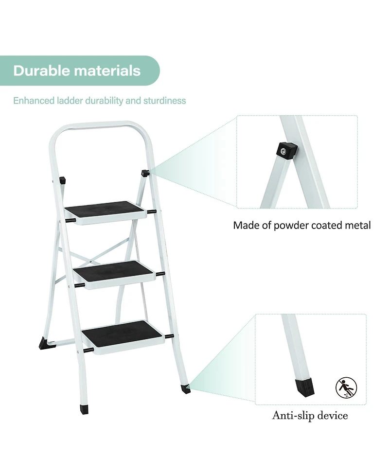 Flynama 3 Step Ladder Folding Step Stool , Lightweight Step Stools for Adults with Anti-Slip Pedal, Portable Steel Handrails Step Ladder Withstanding