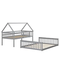 Sugift Twin Over Full House Bunk Bed with Ladder and Guardrails-Gray