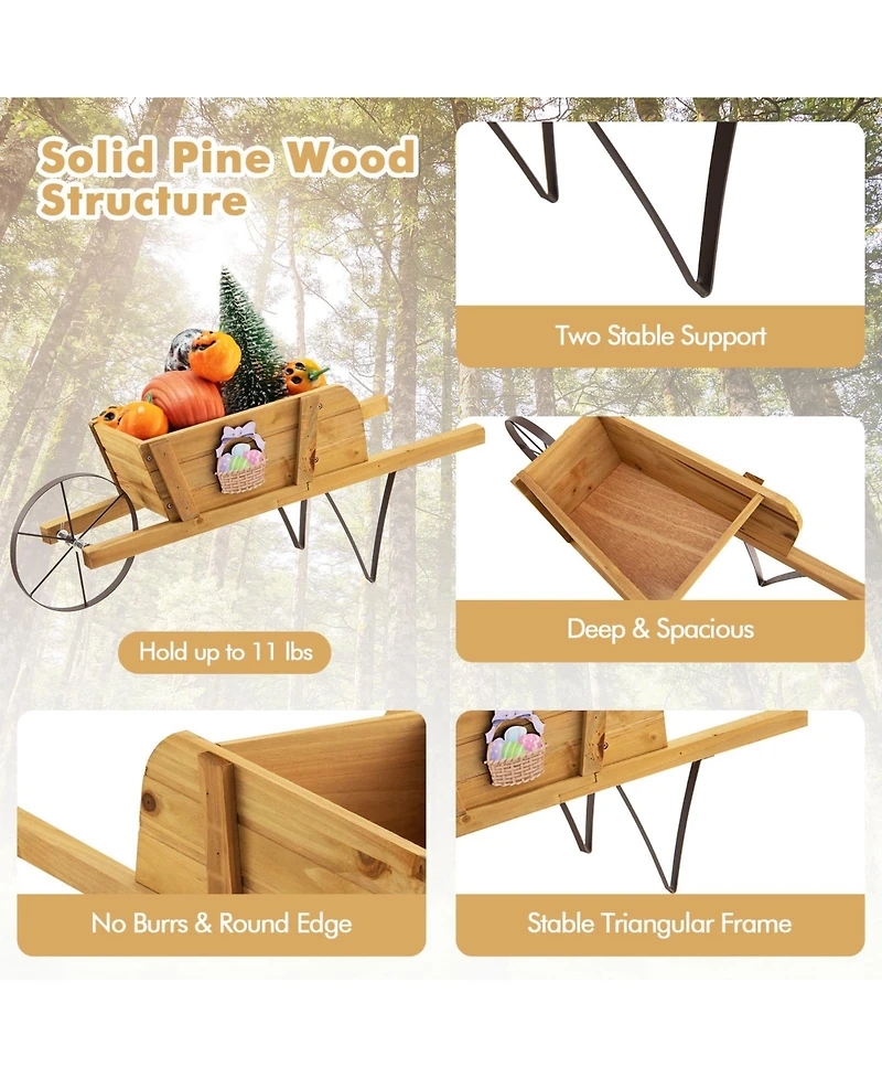 Sugift Wooden Wagon Planter with 9 Magnetic Accessories for Garden Yard-Walnut