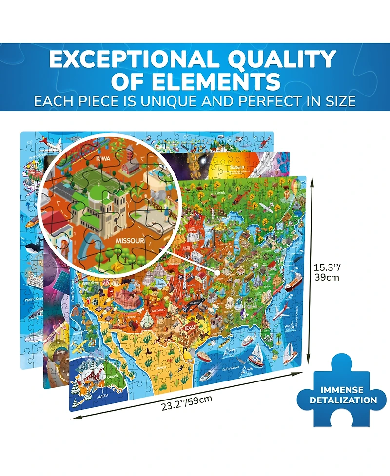 Quokka 3 Pack Puzzles for Kids Ages 8-10 and Adults - World, Usa Map & Space
