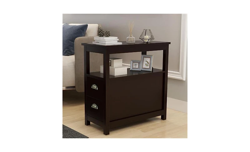 Compact End Table Nightstand – Narrow Bedside Table with Drawers & Shelf for Bedroom or Sofa Side