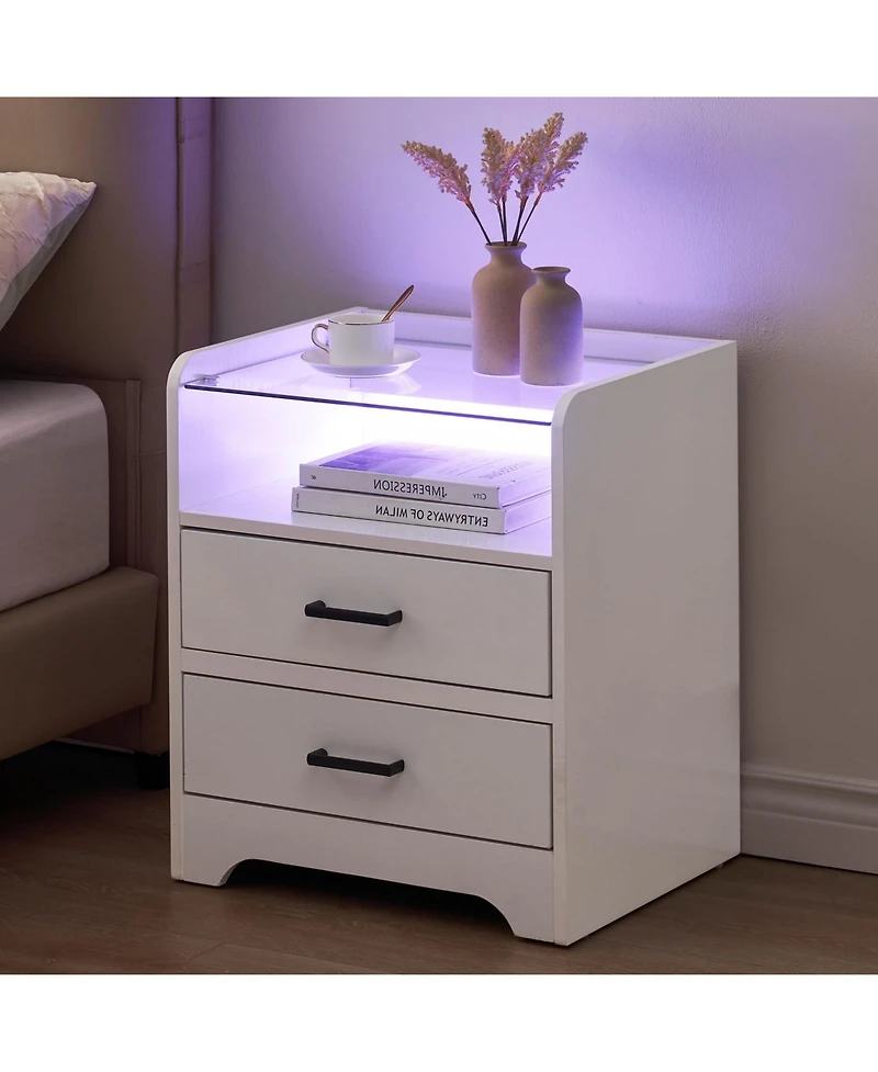 gaomon White Nightstand Led Night Stand with 2 Drawers