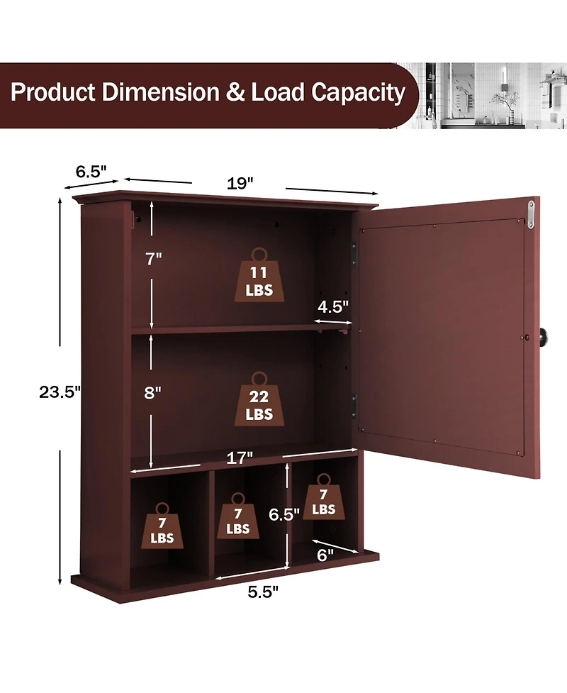 Sugift Wall Mounted and Mirrored Bathroom Cabinet-Brown