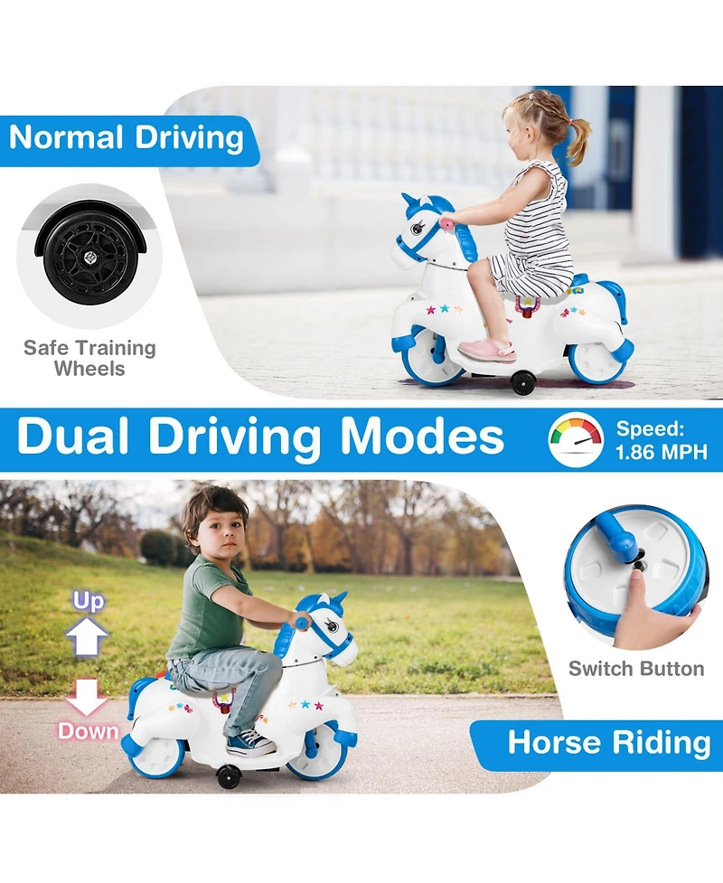 Hongge 12V Unicorn Ride on Toy with Training Wheels and Horse Riding Mode