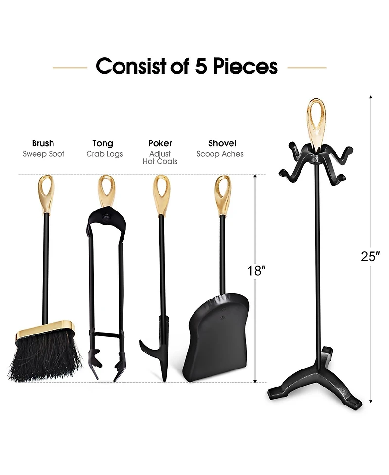 Sugift 5 Pieces Stylish Gold Iron Fireplace Tools Set