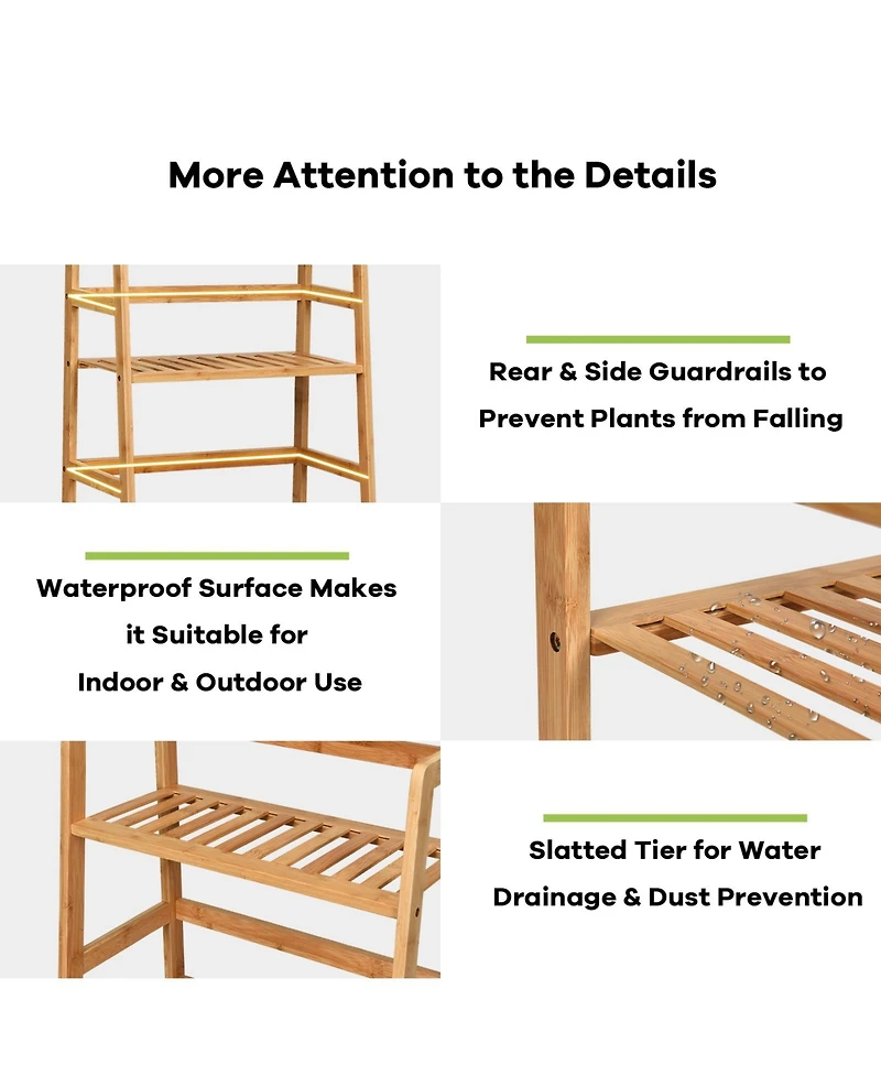 Sugift 4-Tier Bamboo Plant Rack with Guardrails Stable and Space-Saving-Natural