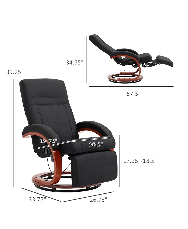 Manual Recliner Chair for Adults, Adjustable Swivel Recliner with Footrest, Padded Arms and Wood Base for Living Room, Black