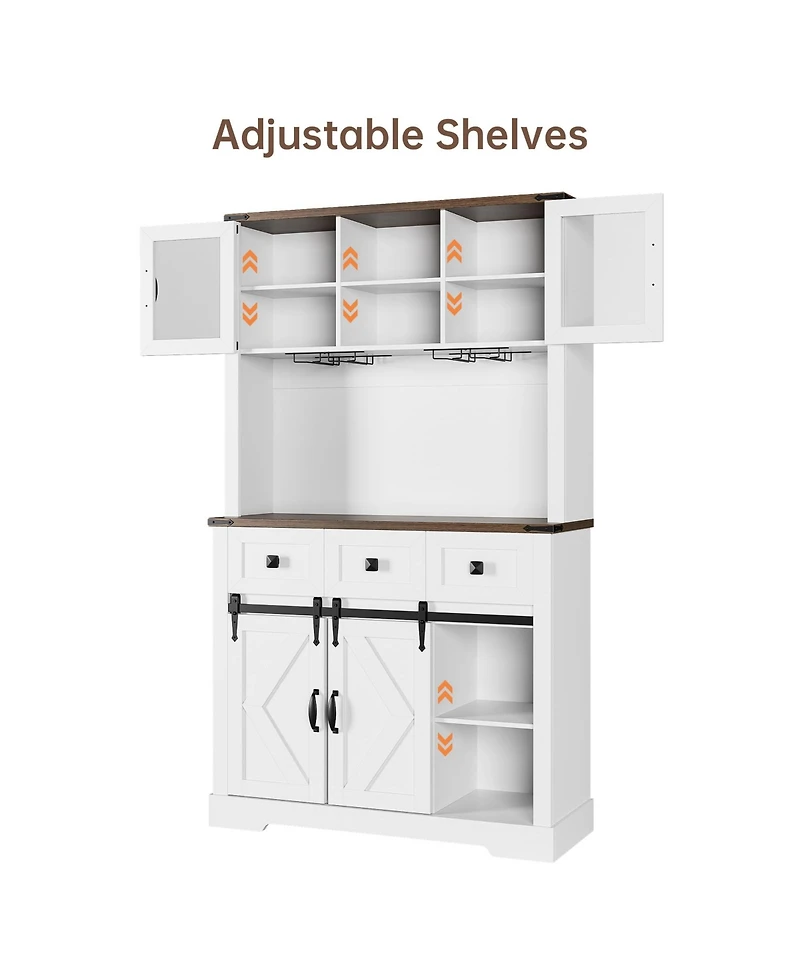 gaomon 72" Farmhouse Bar Cabinet with Sliding Barn Door, Tall Kitchen Buffet with Storage Hutch and 3 Drawer