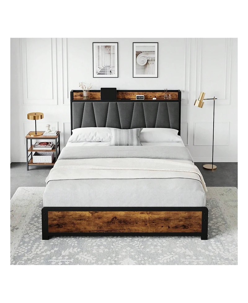 gaomon Bed Frame With 4 Storage Drawers And Linen Upholstered Headboard,Platform Bed Frame With Charging Station, No Box Spring Needed, Easy Assembly