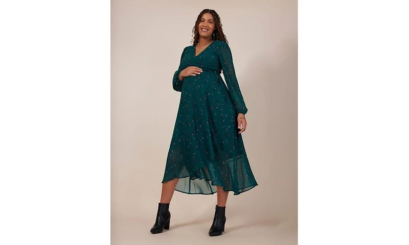 Motherhood Maternity Woven Wrap Long Sleeve Midi Dress