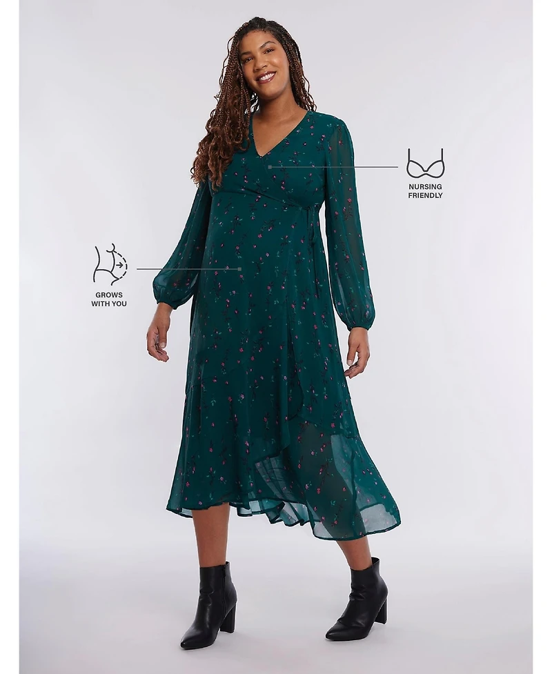 Motherhood Maternity Woven Wrap Long Sleeve Midi Dress