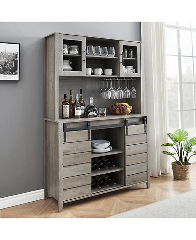 gaomon 70" Farmhouse Coffee Bar Wine Cabinet with Sliding Barn Doors and Storage, Tall Kitchen Hutch