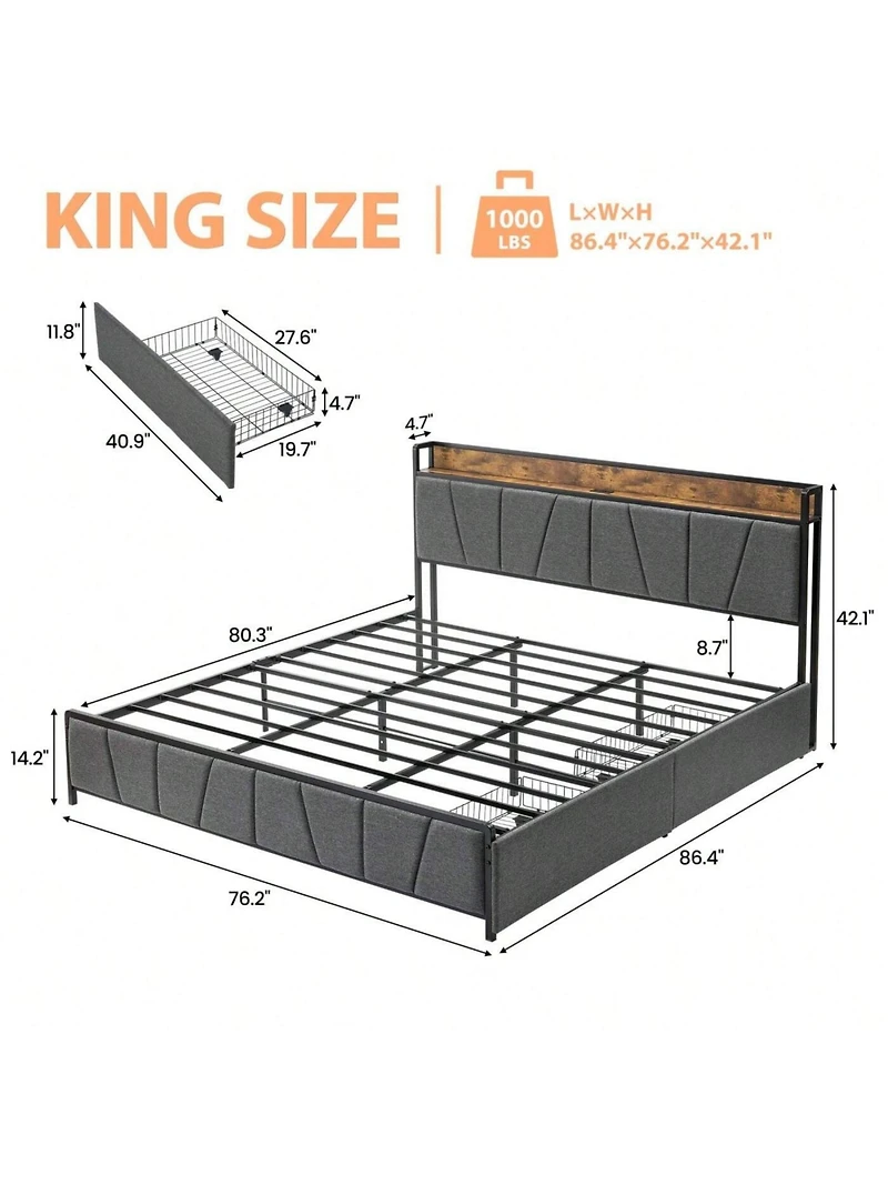 gaomon Bed Frame With Storage Headboard And 2 Drawers, Linen Upholstered Platform Bed Frame With Charging Station, Heavy Duty, No Box Spring Needed, E