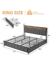 gaomon Bed Frame With Storage Headboard And 2 Drawers, Linen Upholstered Platform Bed Frame With Charging Station, Heavy Duty, No Box Spring Needed, E