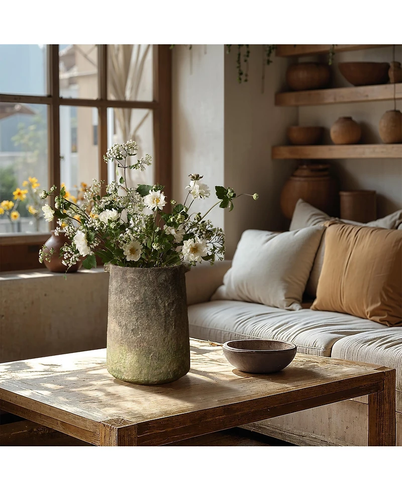 LuxenHome Rustic Ginger Root Brown Cement 11-Inch Tall Indoor and Outdoor Cylinder Vase