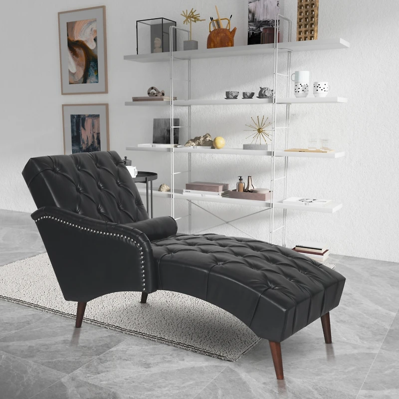 Streamdale Black Tufted Chaise Lounge with Pillow and Wood Legs