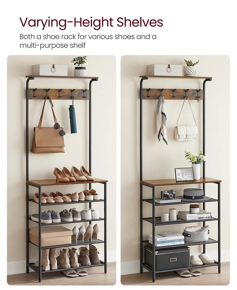 Songmics Home Entryway Hall Tree with 5 Tier Adjustable Shoe Rack, Rustic Brown & Black