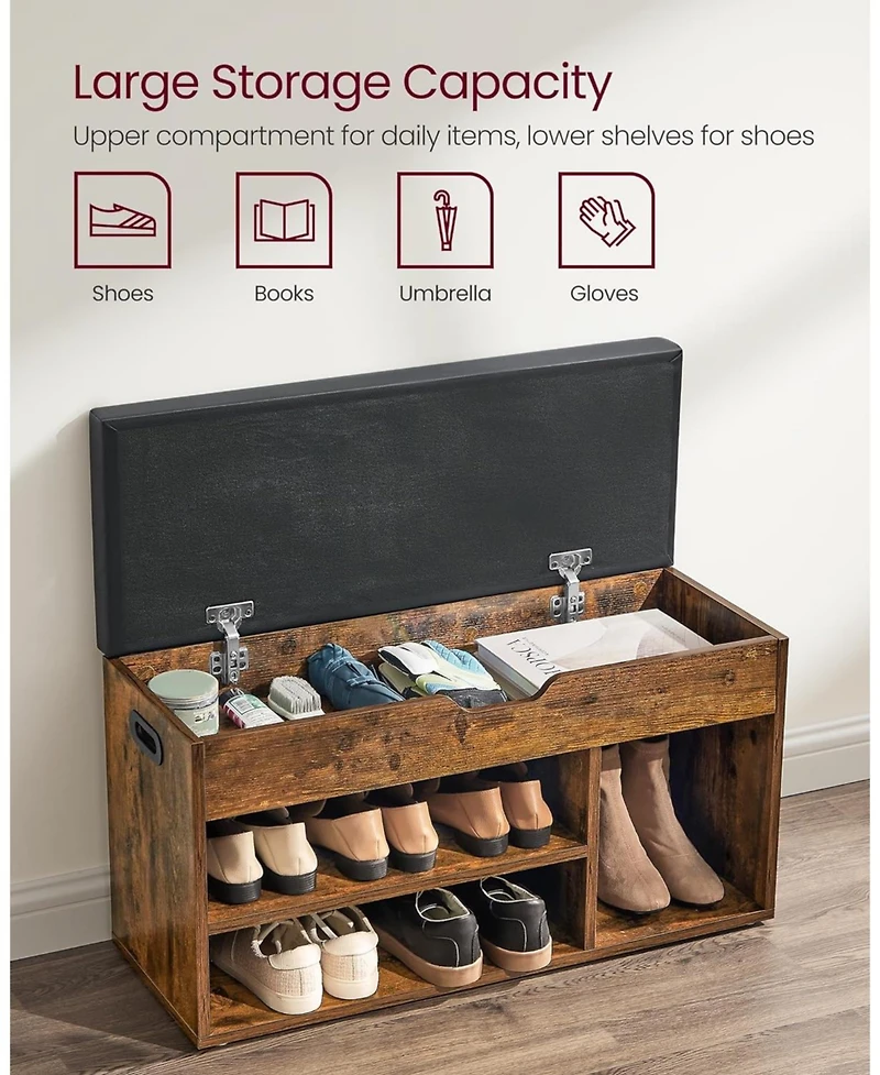 Songmics Home Storage Bench with 3 Storage Compartments & Padded Seat, Rustic Brown & Black