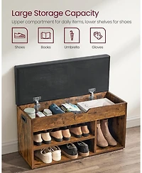 Songmics Home Storage Bench with 3 Storage Compartments & Padded Seat, Rustic Brown & Black