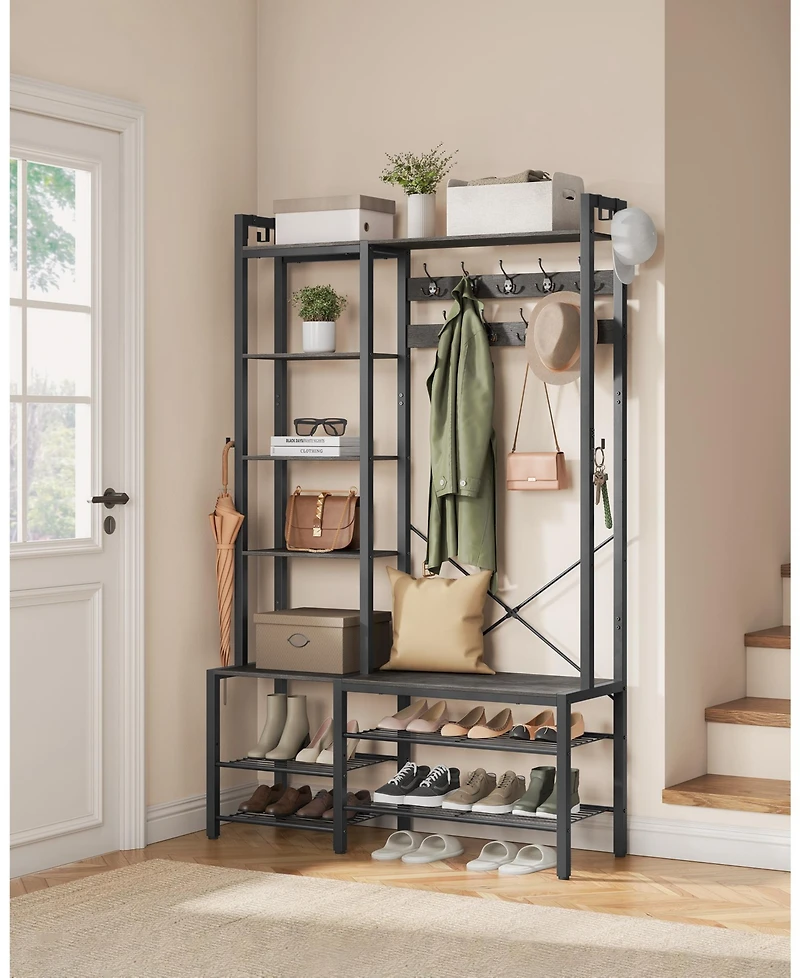 Songmics Home Entryway Hall Tree with Bench & Shoe Storage, Stone Gray & Ink Black