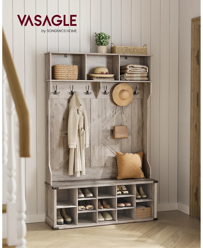 Songmics Home Farmhouse Style Entryway Hall Tree with Bench & Storage, Rustic White