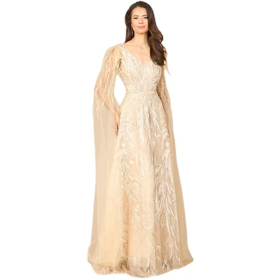 Lara Women's V - Neck Gown with Long Cape Sleeves