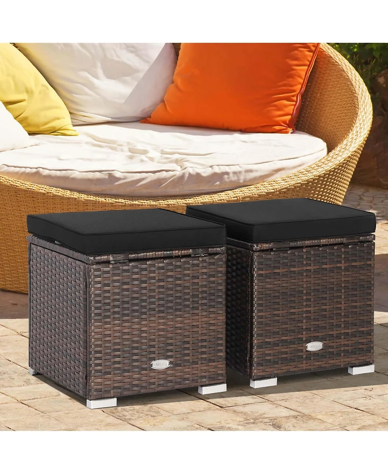 2PCS Patio Rattan Ottomans Seat Side Table Storage Box Footstool with Cushion