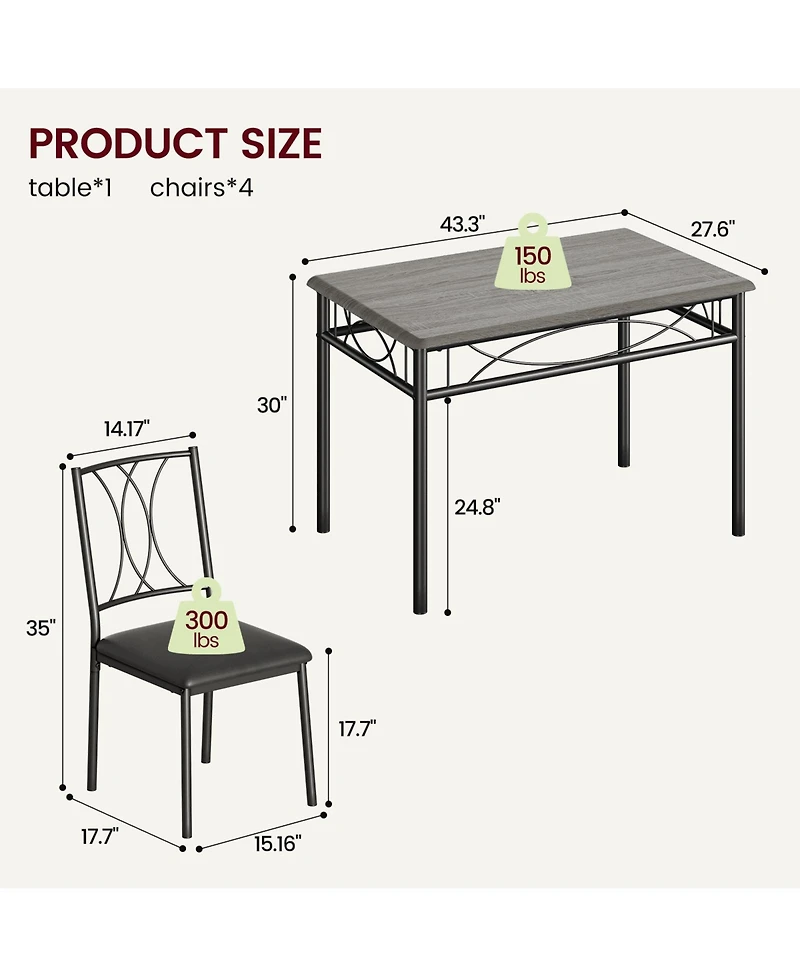 gaomon Dining Table Set for 4, Kitchen Table and Chairs, Dining Room Table Set with 4 Upholstered Chairs,Kitchen Table Set,Grey
