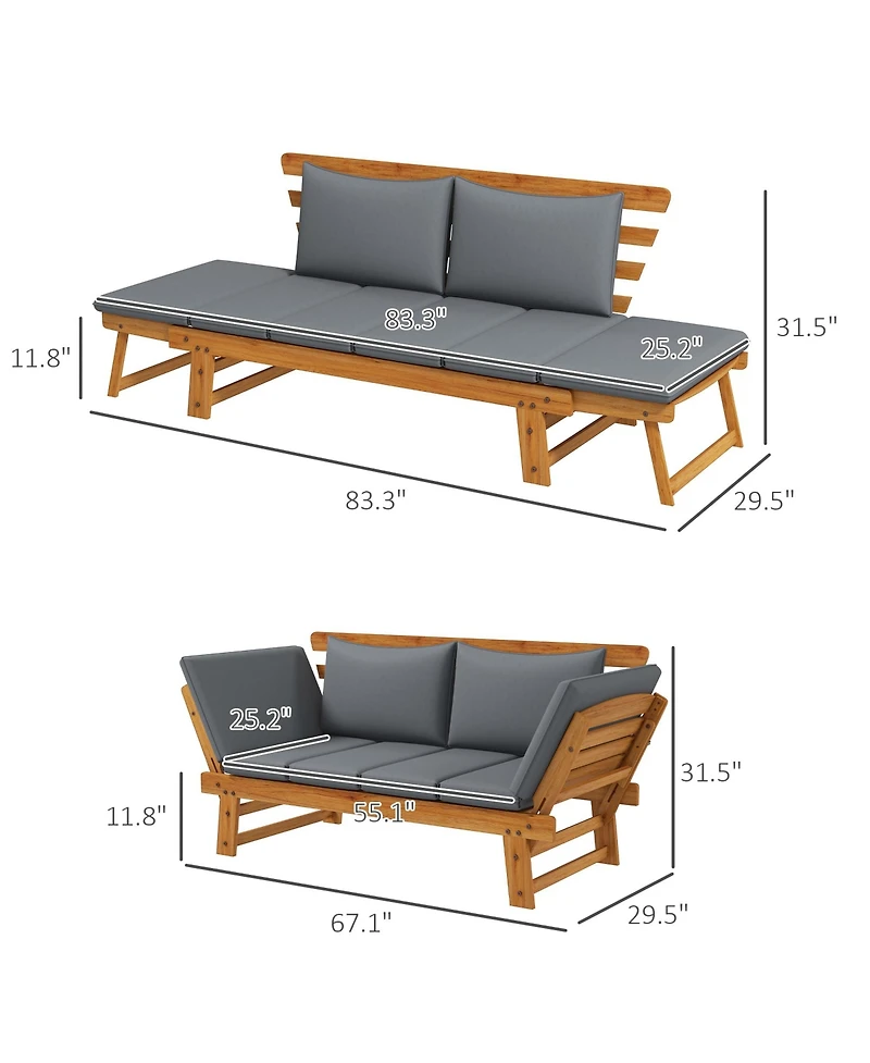 Outsunny Wooden Garden Bench for Outdoor w/ Cushions, Patio Loveseat, Gray
