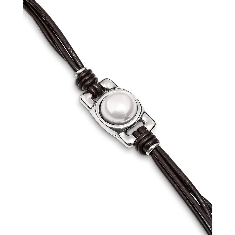 UNOde50 Sterling Silver Leather Strap Rectangular Bead Bracelet