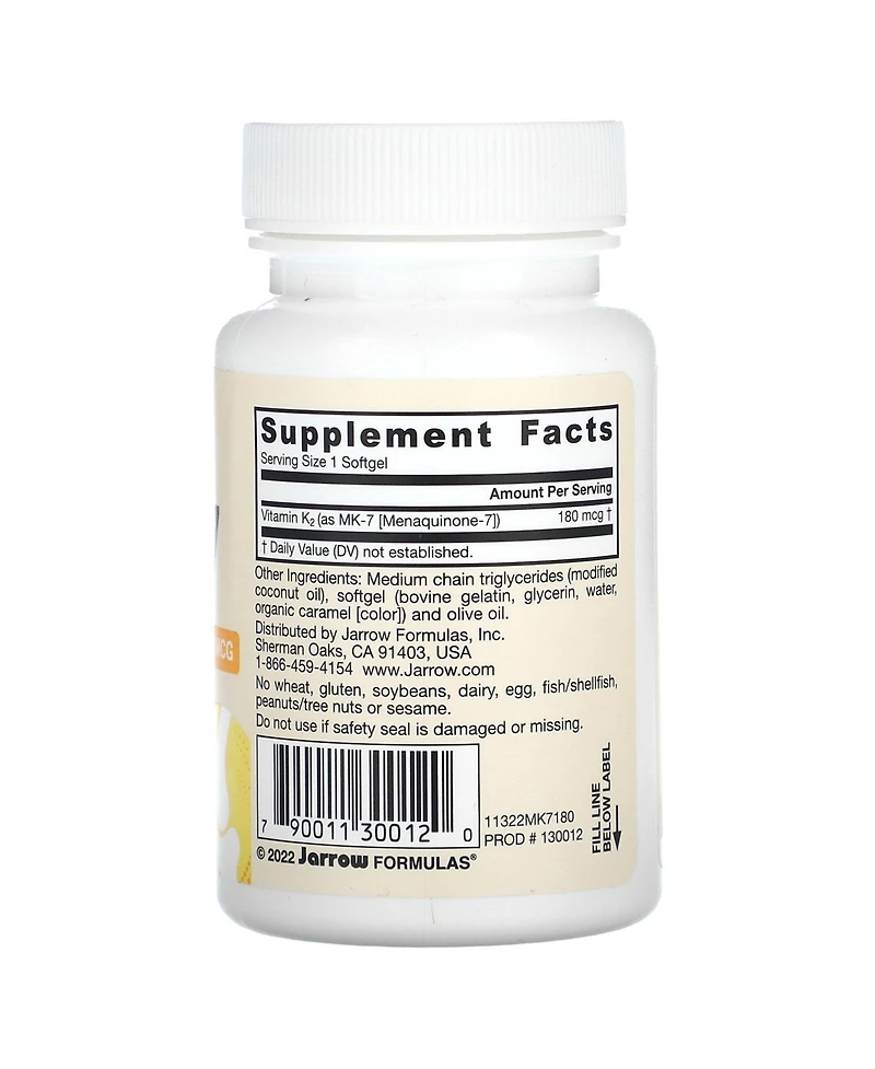 Jarrow Formulas Mk-7 180 mcg - Bioactive Form of Vitamin K2 - 30 Servings (Softgels)