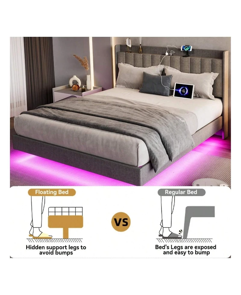 gaomon Full/Queen/King Size Floating Bed Frame With Charging Station & Storage Headboard, Upholstered Platform Bed Frame With Led Lights, Solid Wood S