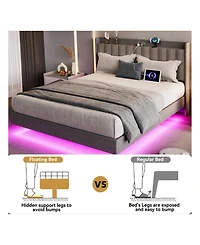 gaomon Full/Queen/King Size Floating Bed Frame With Charging Station & Storage Headboard, Upholstered Platform Bed Frame With Led Lights, Solid Wood S