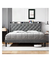 gaomon Queen/King Size Bed Frame With Upholstered Wingback Headboard, Luxurious Linen Upholstery Platform Bed With Charging Station, Button Tufted Des